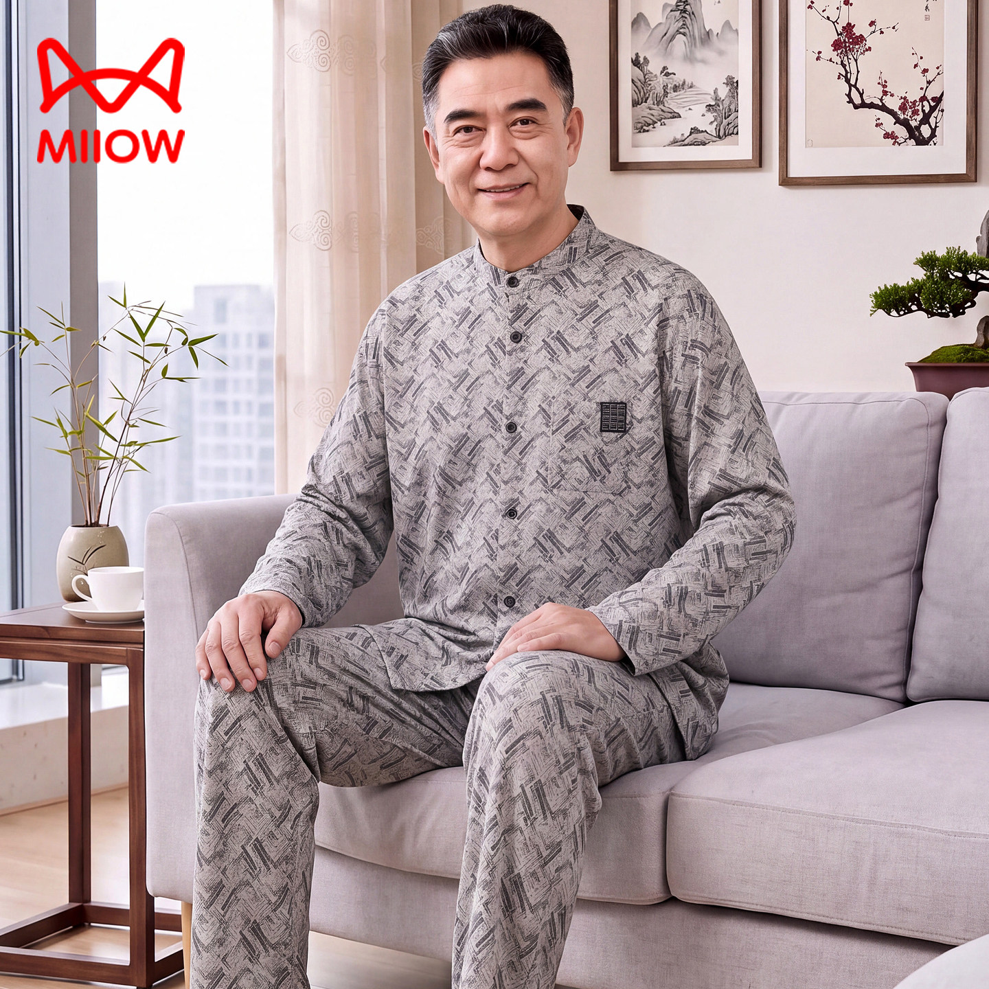 猫人中老年人爸爸纯棉男士睡衣男款新中式长袖全棉大码家居服套装