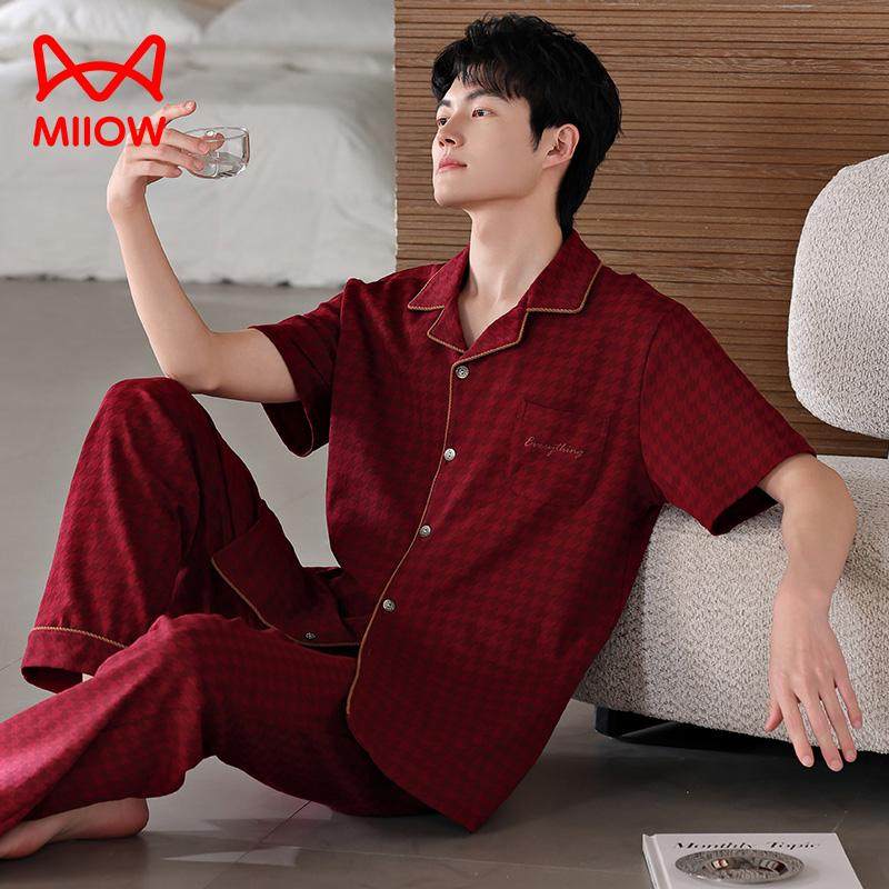 猫人红色睡衣男款春夏纯棉短袖长裤本命年全棉大红大码男士家居服