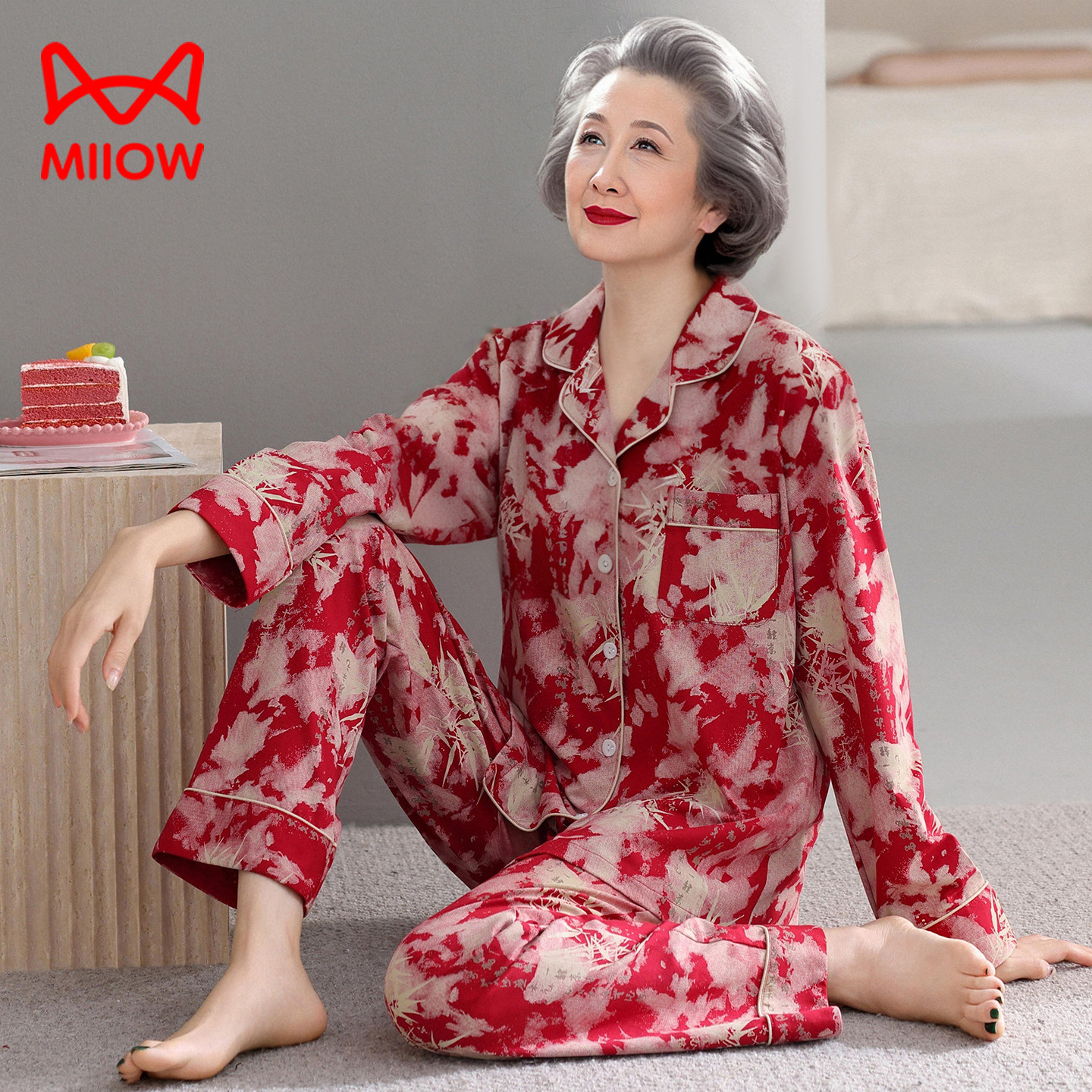 猫人妈妈睡衣女士春秋季红色本命年纯棉长袖中老年妈妈婆婆家居服
