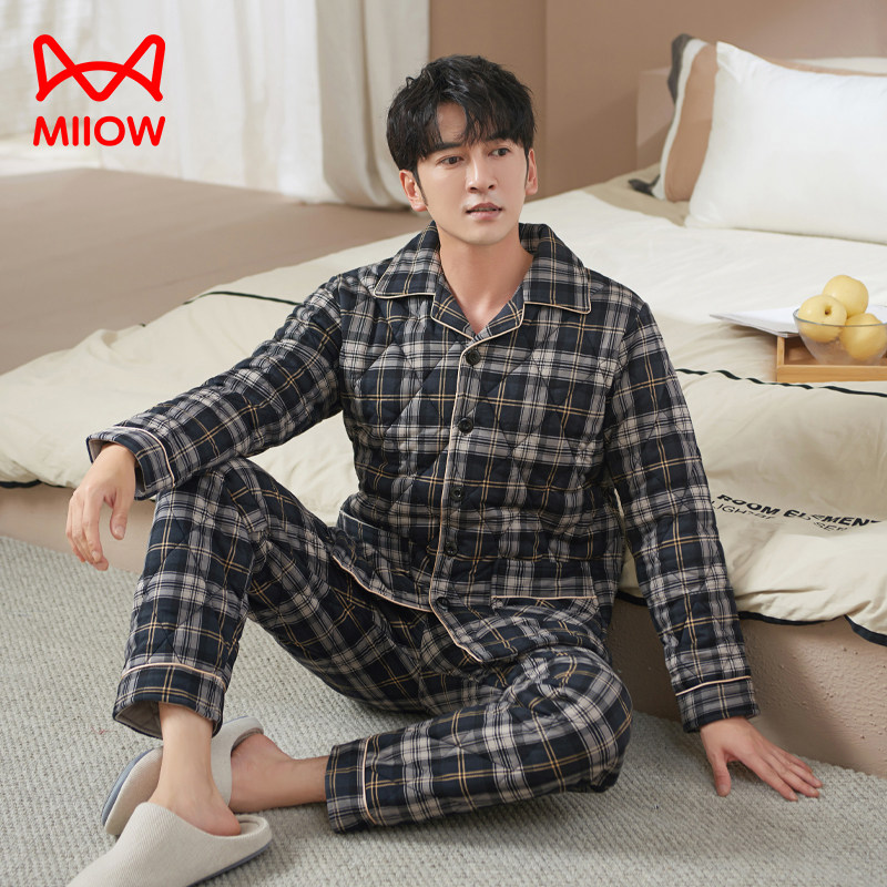 猫人睡衣男士冬季纯棉三层夹棉加厚保暖中老年棉袄冬款家居服套装