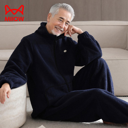 猫人中老年爸爸睡衣男秋冬加绒加厚珊瑚绒保暖法兰绒可外穿家居服