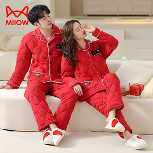 猫人冬季情侣睡衣三层加厚夹棉男女士纯棉加棉红色喜庆保暖家居服