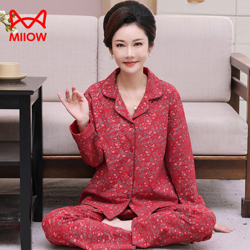 猫人睡衣女春秋纯棉长袖大红色本命年中老年妈妈碎花50多岁家居服