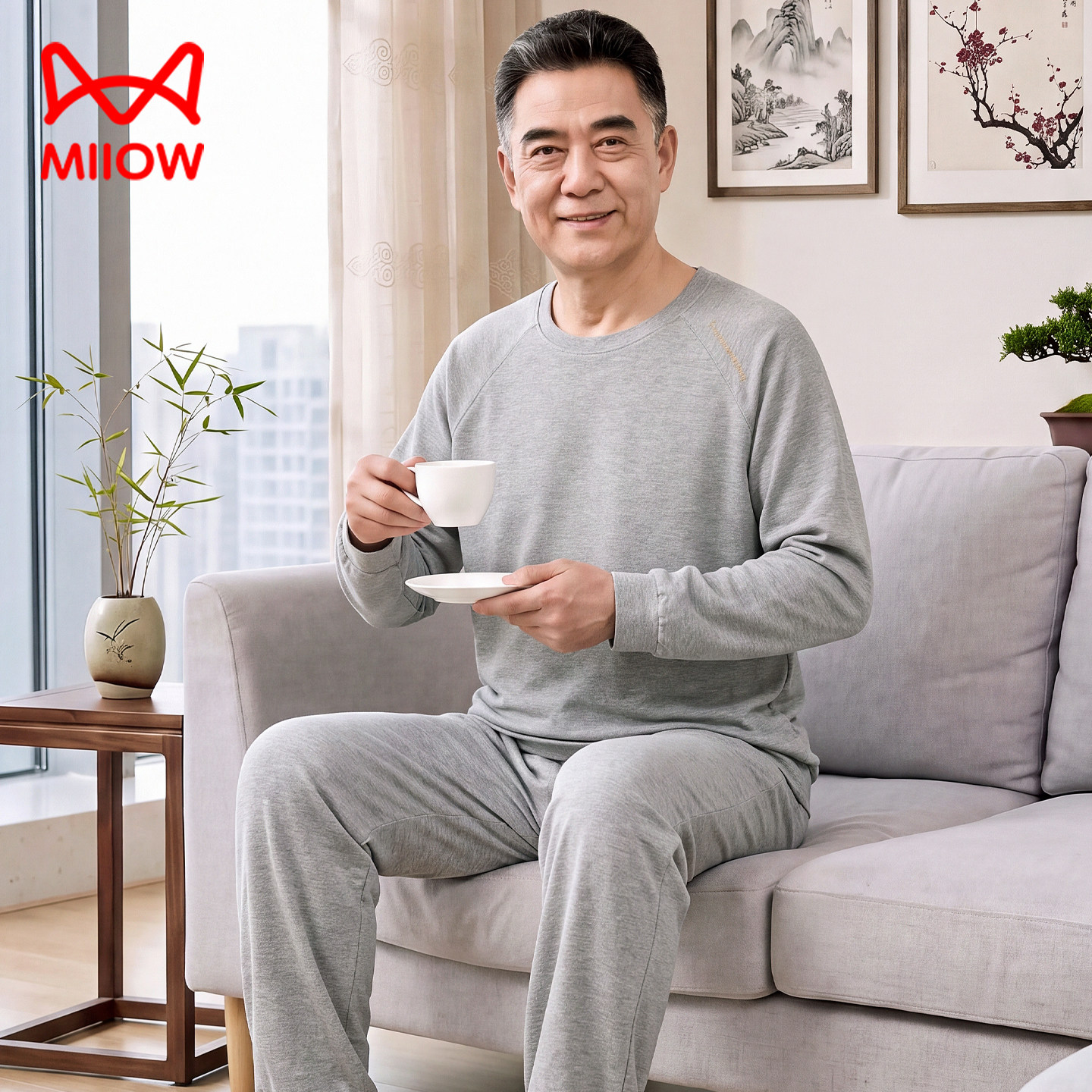 猫人德绒男中老人睡衣秋冬长袖保暖薄绒可外穿老人爸爸家居服套装