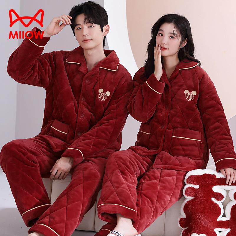 猫人红色情侣睡衣冬季夹棉珊瑚绒三层加厚保暖男女结婚新婚本命年