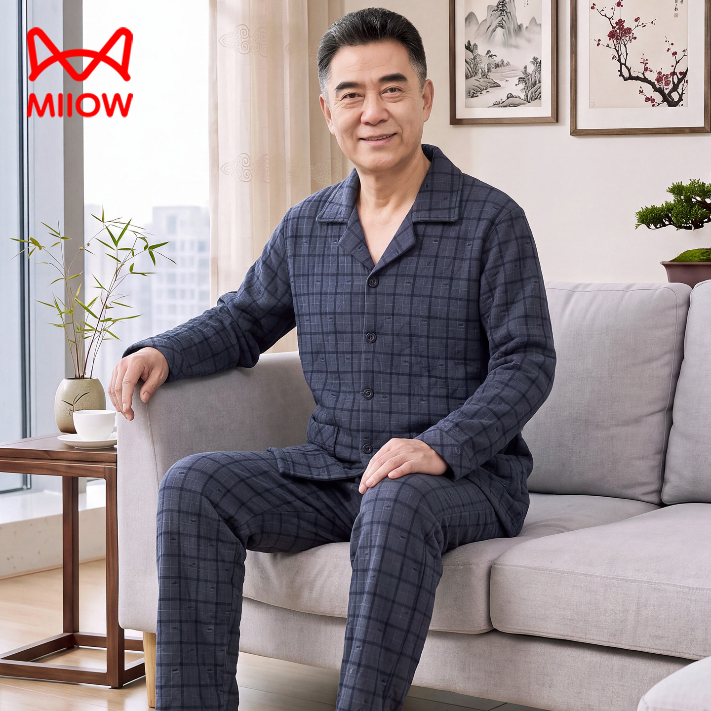 爸爸睡衣纯棉加厚保暖空气薄夹棉