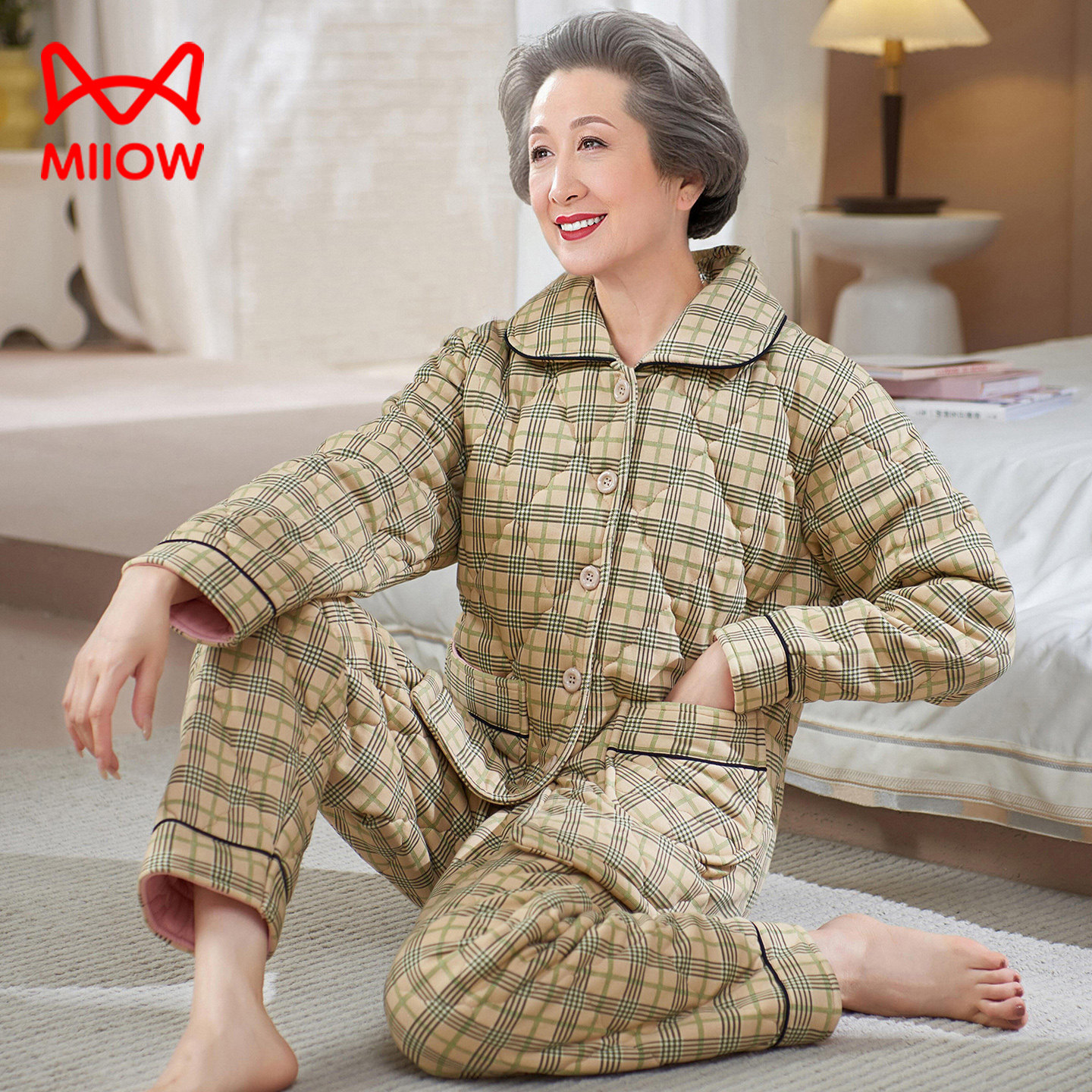 睡衣加厚纯棉中年女式家居服秋冬中老年妈妈三层夹棉保暖套装冬款