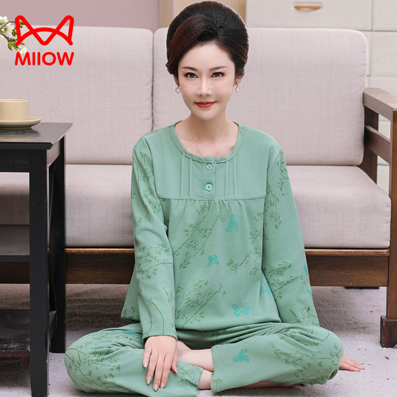 猫人妈妈睡衣德绒款秋冬长袖中年妇女家居服圆领套头大码薄绒套装