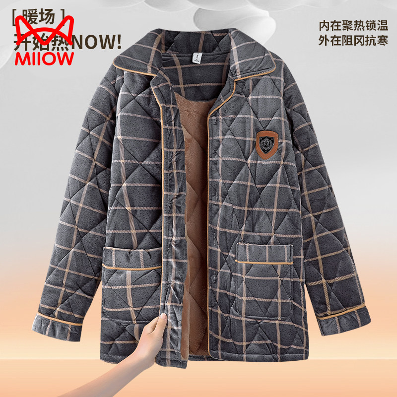 猫人冬季男士加绒加厚三层夹棉珊瑚绒睡衣家居服法兰绒男单件上衣