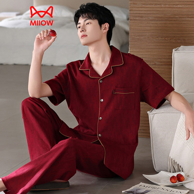 猫人睡衣男夏纯棉短袖长裤2026新款马年大码红色本命年家居服套装