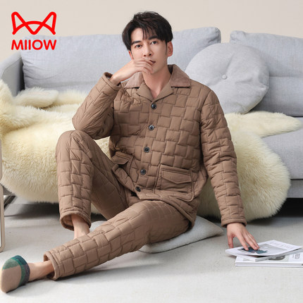 猫人睡衣男士冬季羽绒棉三层夹棉加厚加棉加绒保暖家居服中年套装