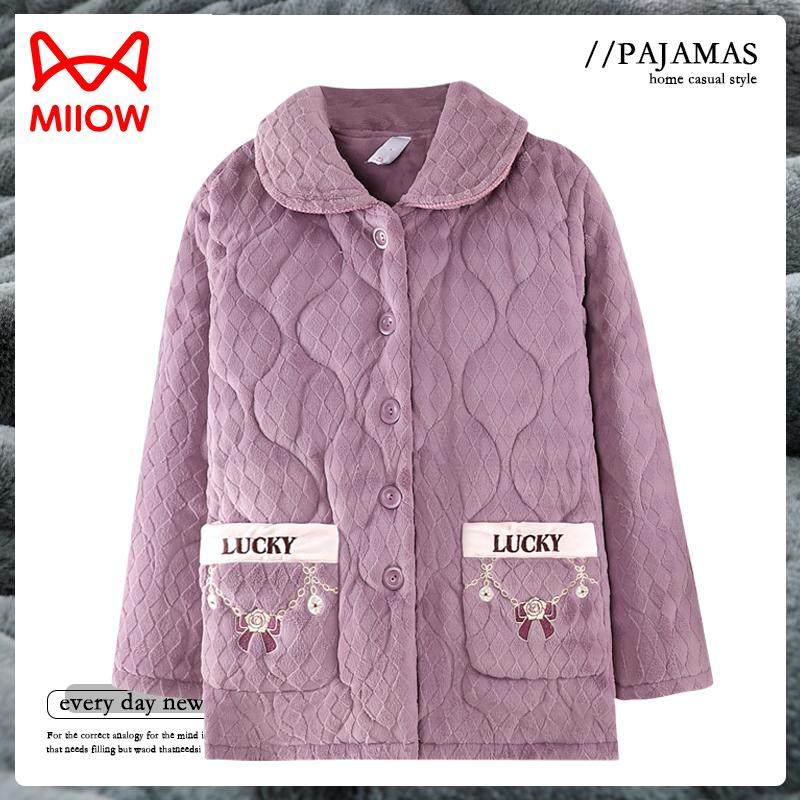 猫人单件睡衣女秋冬季三层加绒夹棉珊瑚绒中年妈妈保暖上衣可外穿