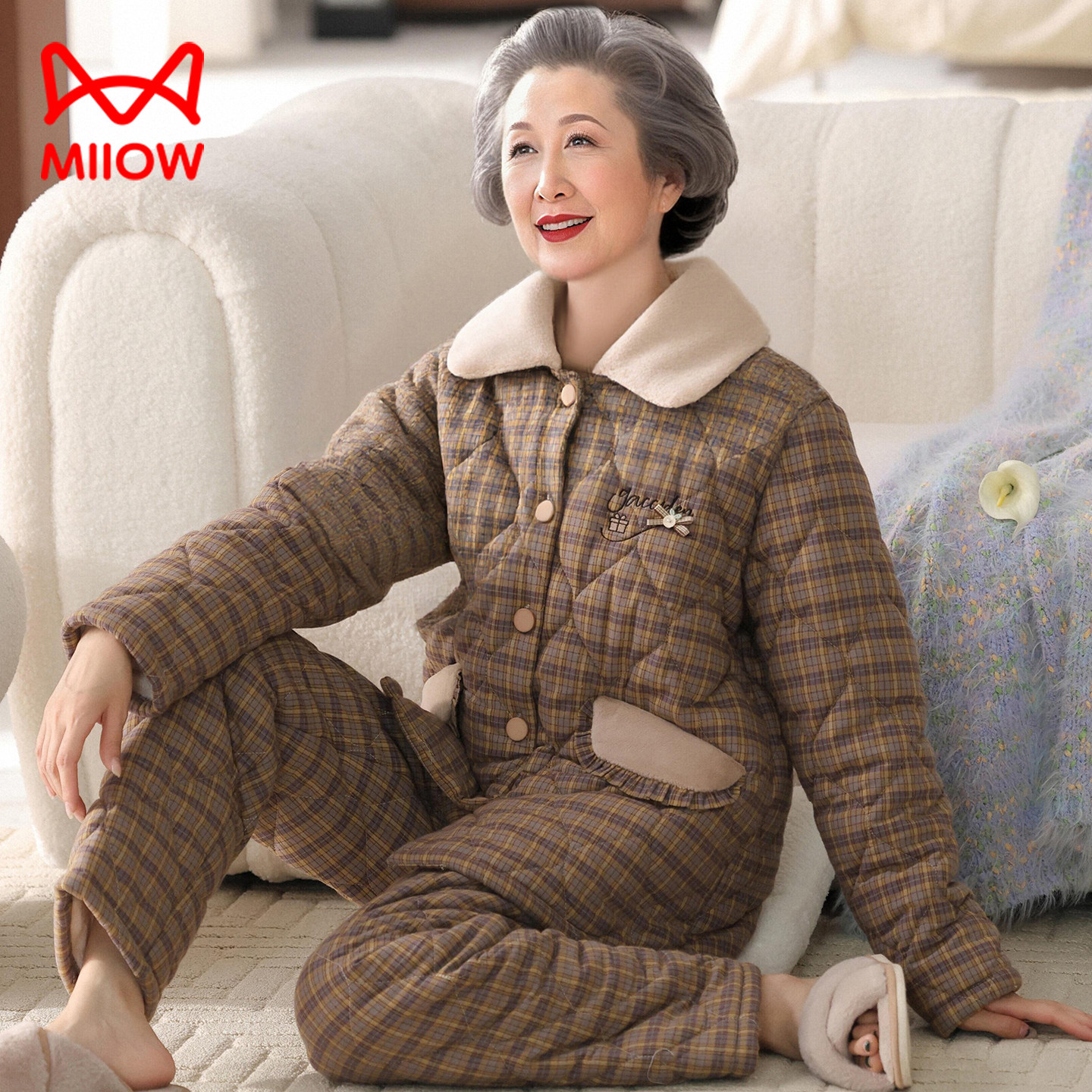 猫人睡衣女冬季三层加厚加绒纯棉夹棉中老年妈妈秋冬款家居服套装