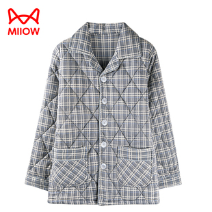 猫人单件男士上衣冬睡衣保暖纯棉夹棉袄外套可外穿三层加厚家居服