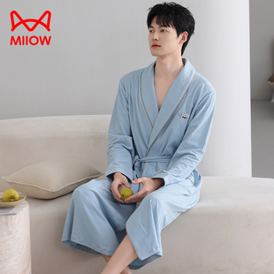 猫人睡袍男款纯棉长袖春秋季浴衣中长款睡衣浴袍大码晨袍四季通用