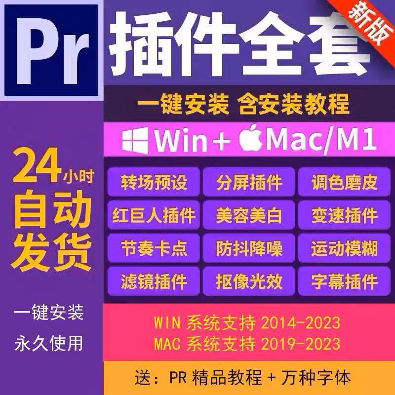 pr软件插件全套中文一键安装包转场调色磨皮预设素材模板教程2023