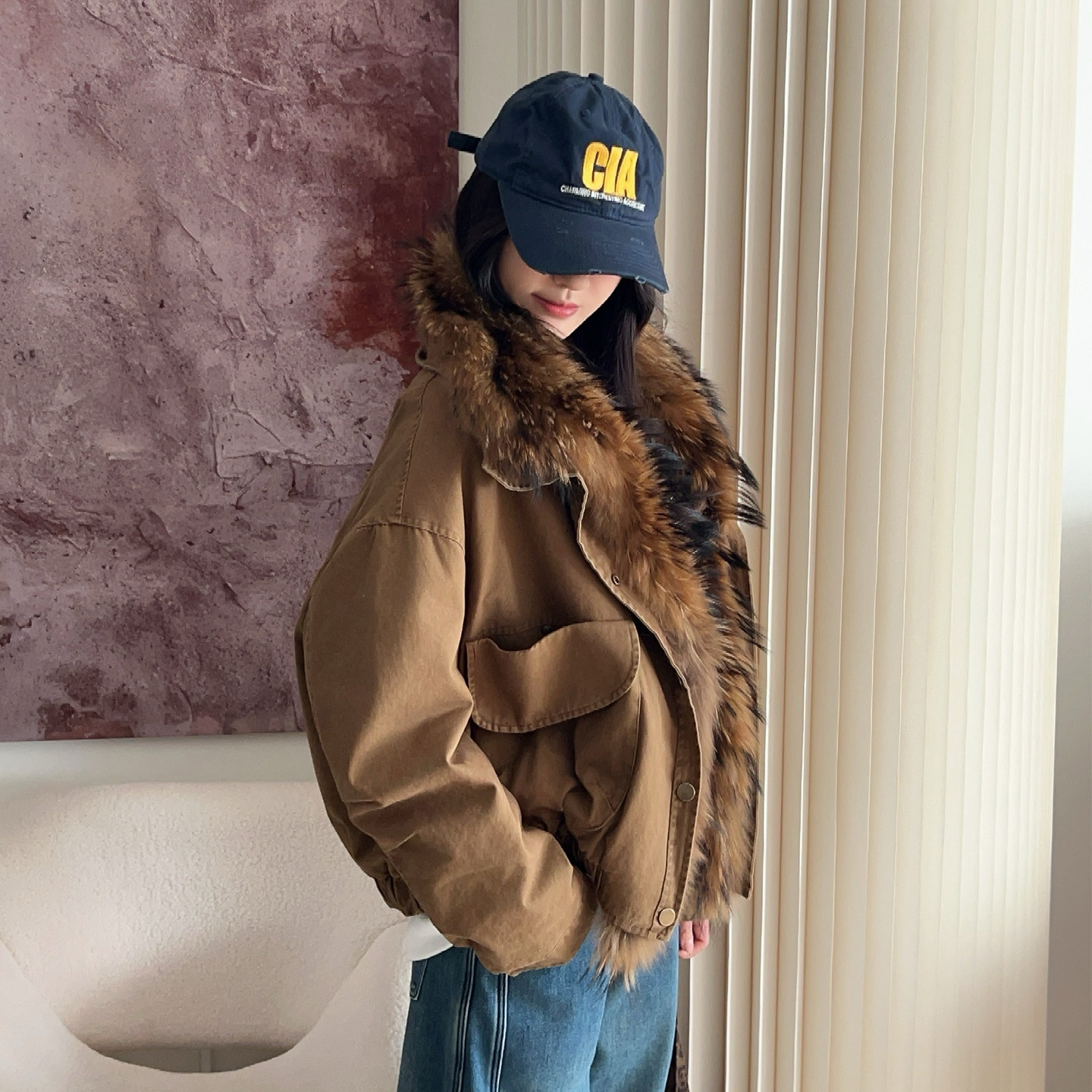 貉子毛皮草毛领鹅绒羽绒服派克服