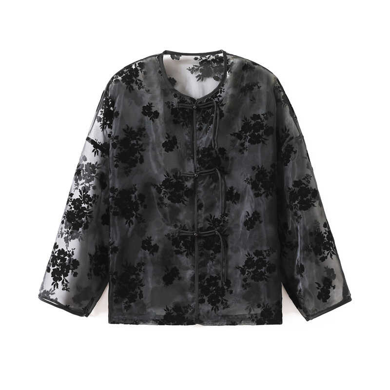 精品夏装女盘扣国风外套新中式植绒印花欧根纱气质上衣防晒服罩衫