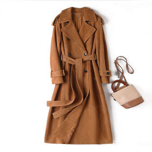 TF听风2024秋冬新款 领显瘦超长外套风衣 真皮皮衣羊皮反绒复古西装