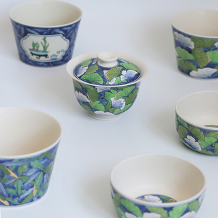 新品虎城竹叶银杏叶釉下彩绘陶瓷盖碗主人杯猪口杯叠叠乐不开片