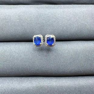 天然蓝宝石耳钉4乘5 925银精工镶嵌天然彩宝首饰
