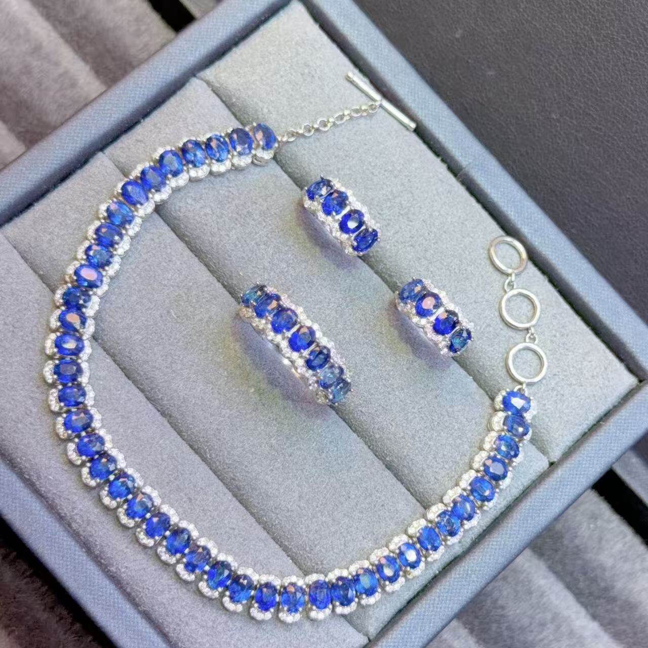 天然皇家蓝蓝宝石满圈手链戒指耳钉套装3乘4 925银镶嵌彩宝首饰