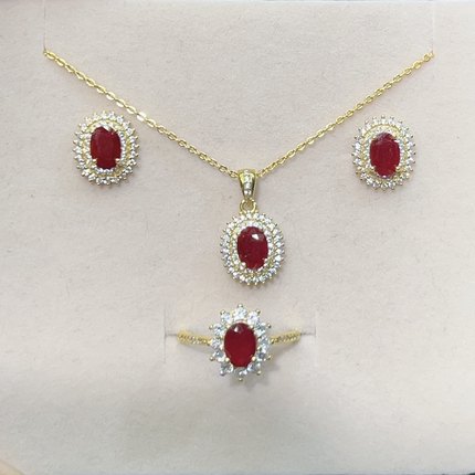 天然鸽血红红宝石戴妃款戒指耳钉吊坠套装5乘7 925银彩宝珠宝首饰