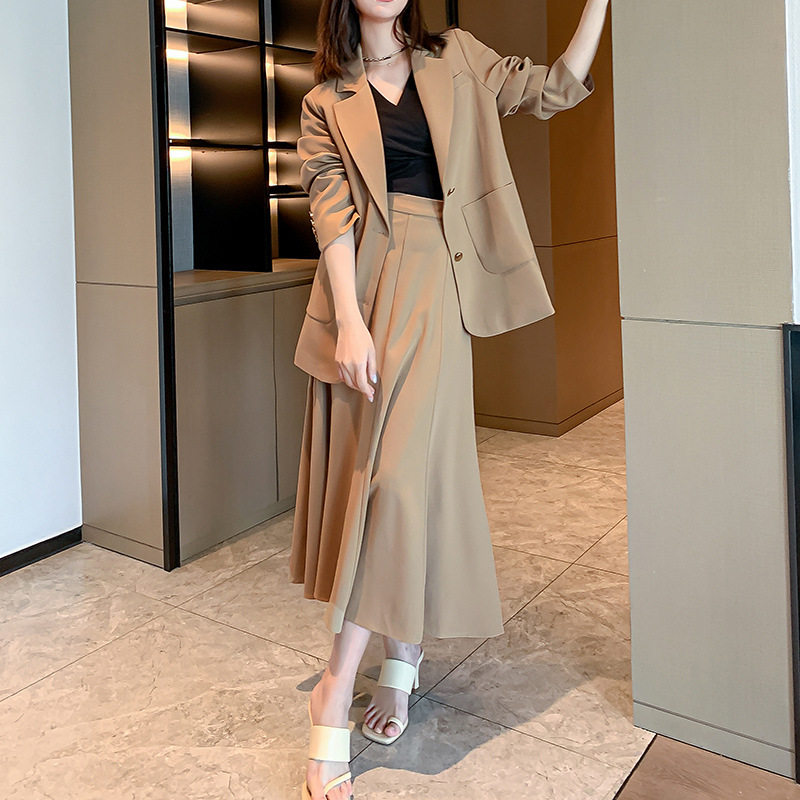 春秋大码女装西装外套半身裙两件套裙胖mm韩版休闲西服裙子23102