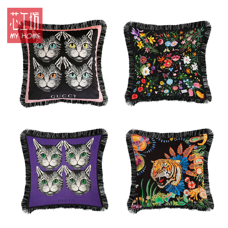 法式奢华高档流苏装饰方靠垫沙发床头办公室古奇猫咪抱枕含芯包邮