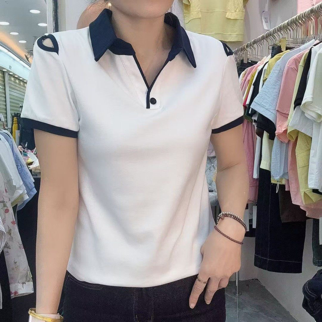 2025新款夏纯棉短袖T恤女polo衫撞色拼接设计感翻领百搭洋气上衣