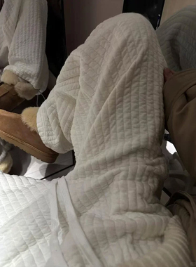 杨十七同款新款秋冬款显瘦休闲竖条纹绗缝夹棉直筒松紧腰阔腿棉裤