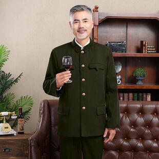 军绿色中山装套装男老式中山服老年人衣服父亲装外套军便服爷爷装