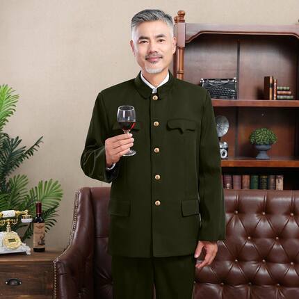 军绿色中山装套装男老式中山服老年人衣服父亲装外套军便服爷爷装