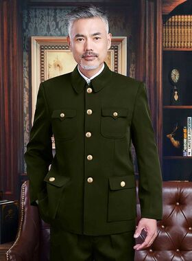 军绿色中山装套装男老式中山服老年人衣服父亲装外套军便服爸爸装