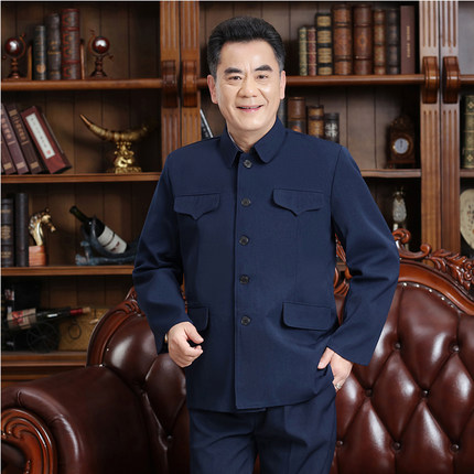 中山装男套装中老年人上衣春秋外套爸爸装老年中山服爷爷装唐装