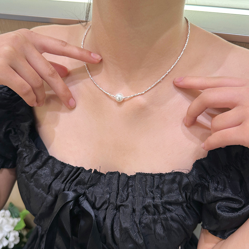 S925纯银不规则碎银子珍珠项链女