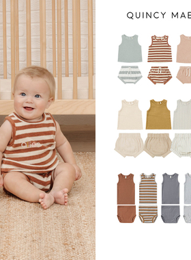 折扣款 现货美国Quincy Mae 男童女童纯棉无袖条纹上衣短裤