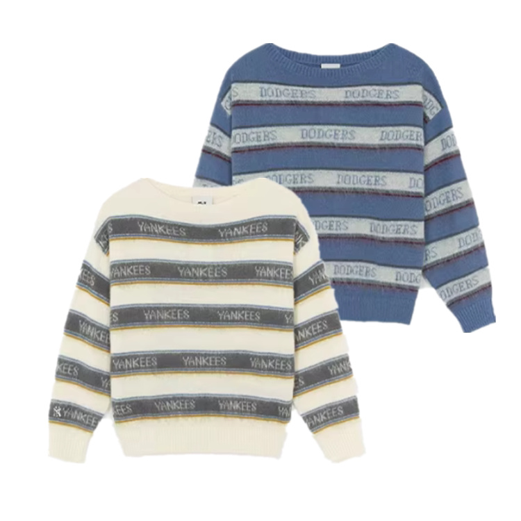 国内现货MLB女25年新款学院风时尚条纹斜肩毛衣针织套衫3FKPV0254