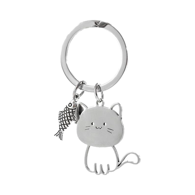 日系猫咪吃鱼不锈钢钥匙扣