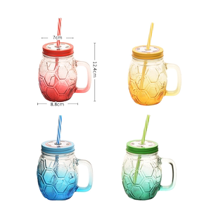 足球杯梅森玻璃把杯果汁杯冷饮杯带孔盖杯吸管杯水杯牛奶杯儿童杯