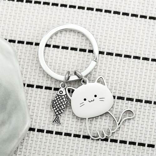 新款不锈钢日系猫咪吃鱼不锈钢钥匙扣可爱卡通猫猫挂饰情侣钥匙链 - 封面