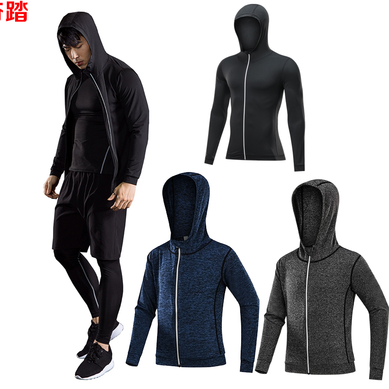 男运动紧身衣外套连帽长袖健身服黑色反光拉链涤纶薄款宽松大