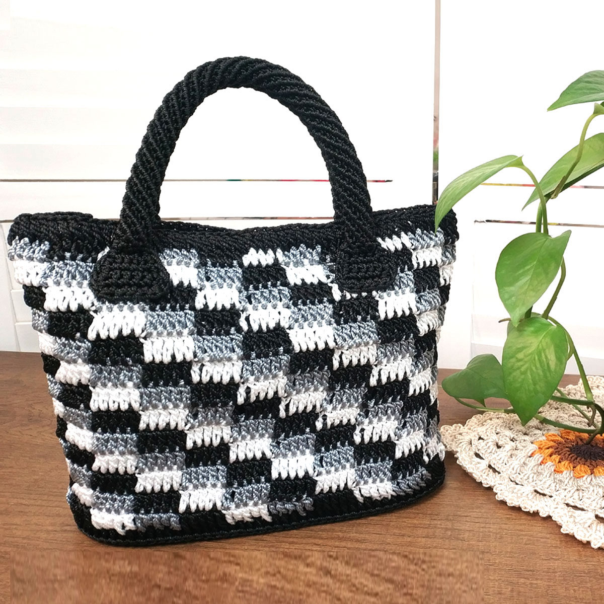 棋盘格手工编织包方格渐变色休闲订制钩针毛线丝光线针织民族国潮