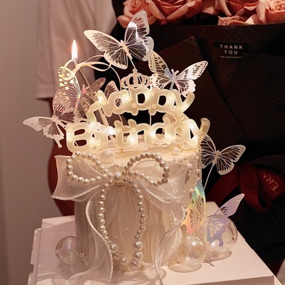 女神款生日蛋糕装饰仙女唯美皇冠HAPPYBIRTHDAY灯蝴蝶插件配件