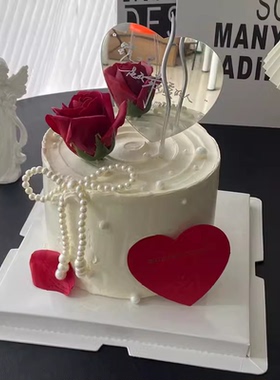 520情人节蛋糕装饰亚克力镜子里是我z爱的人珍珠蝴蝶结爱心插件