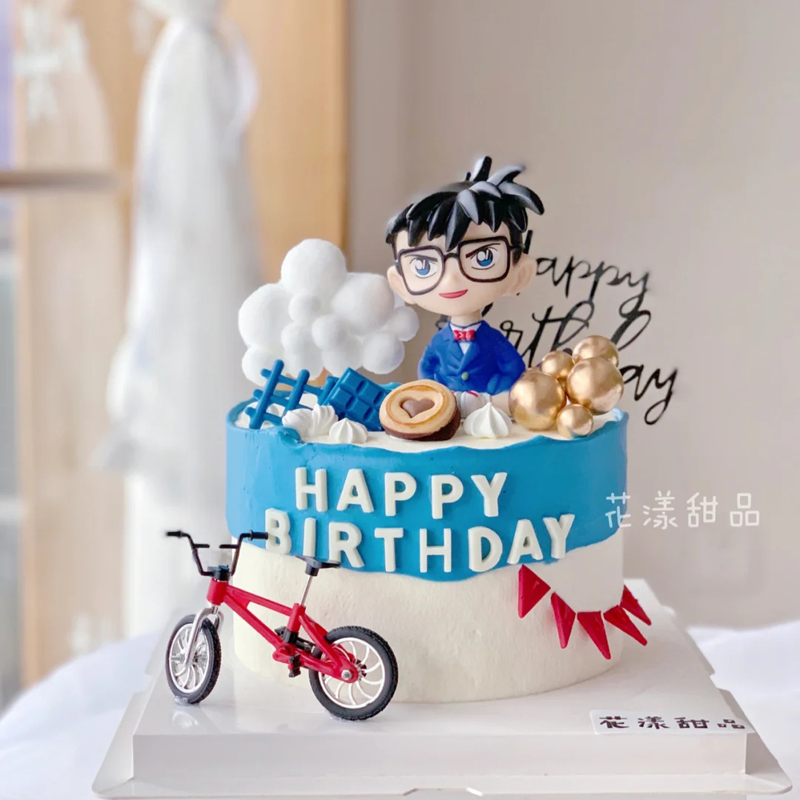 Q版侦探K南自行车蛋糕摆件卡通摇头公仔单车插件男孩款生日装饰