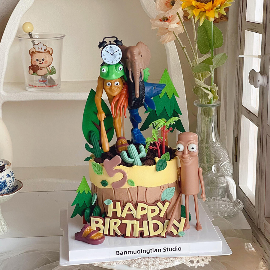 新款外国AI山海经融合主题蛋糕装饰木棍人鲨鱼异形兽男孩生日摆件
