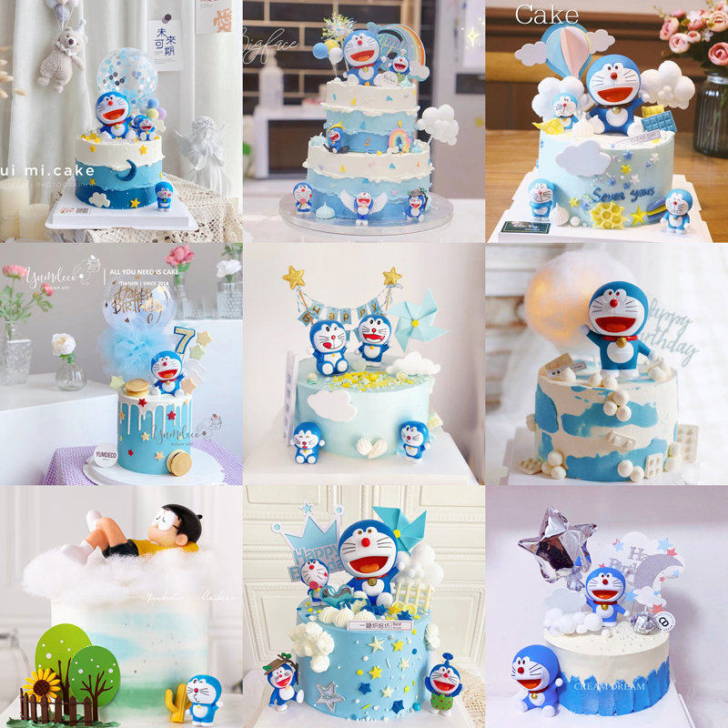卡通生日蛋糕装饰蓝胖子多拉摆件