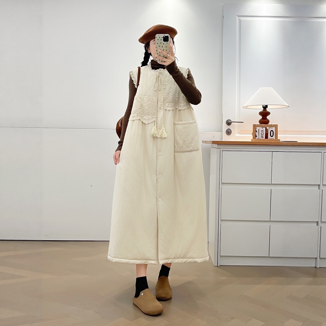 日系甜美蕾丝花边拼接圆领系带加棉马甲裙宽松百搭休闲无袖连衣裙