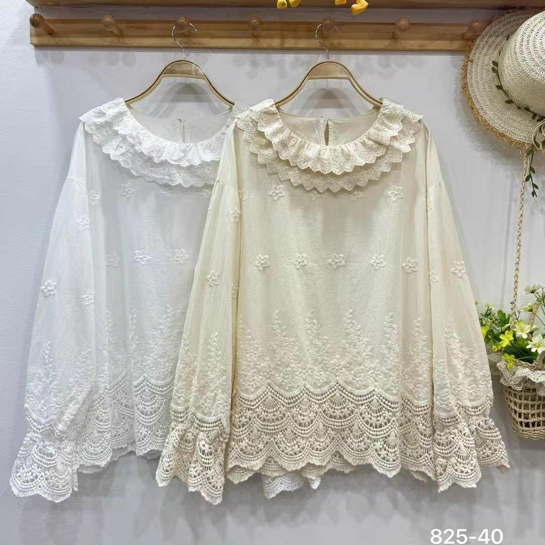 森系减龄钩花刺绣双层花边领纯棉衬衫宽松甜美小清新套头长袖上衣
